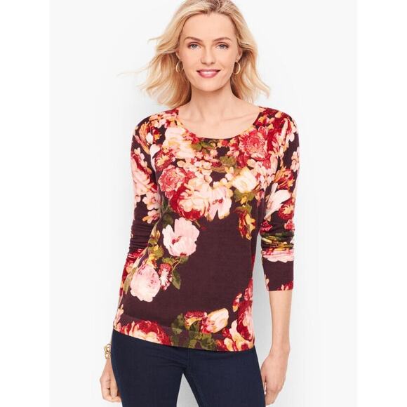 Talbots Gathered Shoulder 100% Merino Wool Sweater Size Small Floral Burgundy - Picture 1 of 9